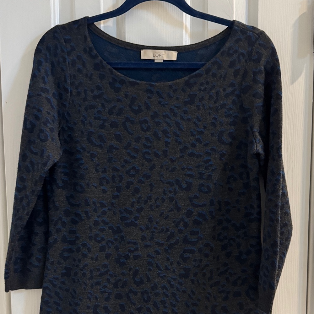 LOFT Charcoal, Navy & Blue Leopard Print Sweater Dress w/ Gray Trim - Picture 1 of 10